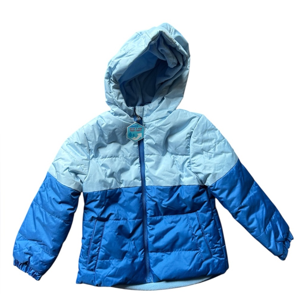 Blue Hooded Puffer Jacket, size 4